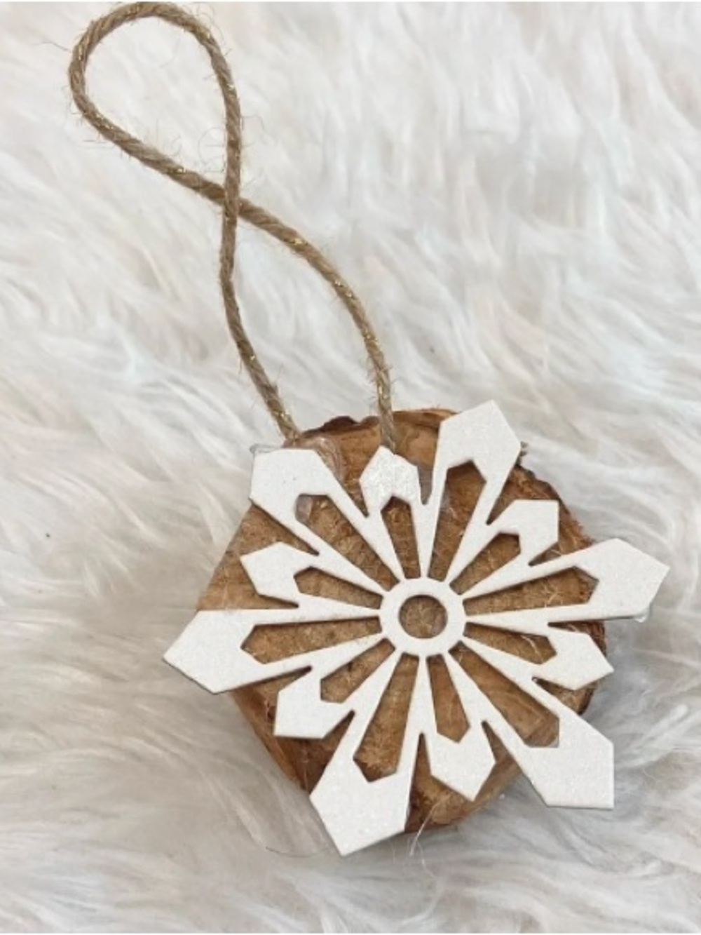 Handcrafted White Snowflake Wood Slice Ornament with Twine Loop